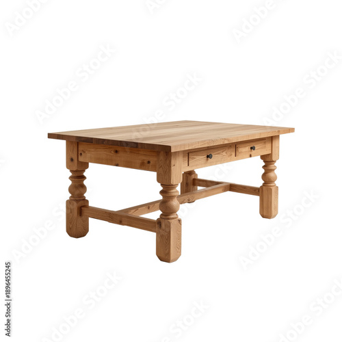 Wooden Table Placed on a Flat Surface With Visible Drawers and Thick Legs