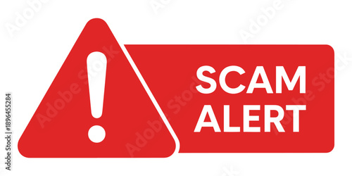 Red scam alert sign with exclamation mark isolated on white background