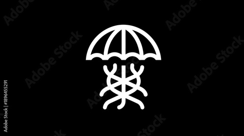 Stylized, minimalist illustration of an umbrella-like shape above intertwined, organic tendrils