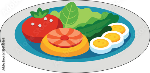Healthy breakfast plate with eggs tomato and vegetables