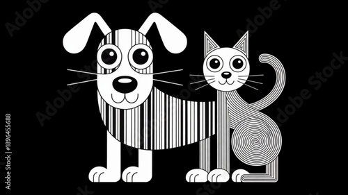 Cartoon dog and cat friends isolated on black background.