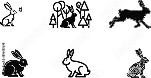 black and white illustrations of rabbits in different designs and patterns