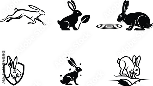 black and white illustrations of rabbits in different poses