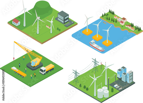 Isometric showcasing wind turbine construction and operation including offshore wind farms and power grid infrastructure