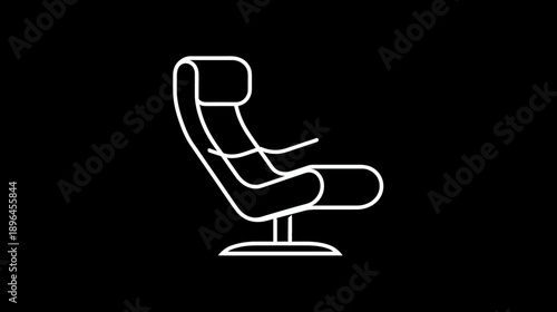 A white line art depiction of a reclining chair with a tall back on a black background