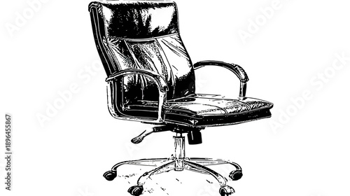 Black and white image of a high-backed office chair. Silver base with wheels and arms