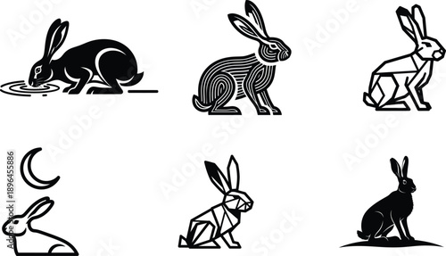 black and white rabbit illustrations in different styles and poses