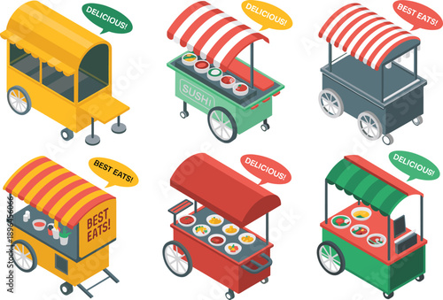 Isometric Street Food Cart Illustration Set Showing Mobile Food Stalls with Awnings Wheels and Tasty Snacks for Urban Market and Vendor Designs