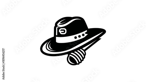 A stylized black and white illustration of a hat above a honey dipper on a white background