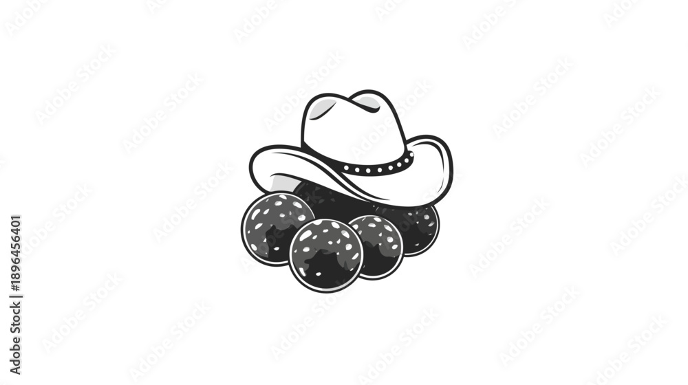 Obraz premium Black and white illustration featuring a cowboy hat positioned above four speckled orbs on white background