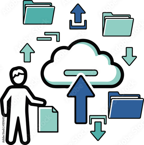 Modern Flat Vector Illustration of User Syncing Files with Cloud Server. Data Transfer and Backup Concept