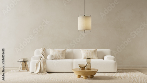 Modern minimalist living room interior with neutral tones, clean furniture design and soft natural light creating a calm and elegant contemporary space. 3D illustration