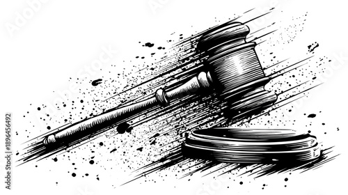 A black and white illustration of a gavel with ink splashes, suggestive of law and justice