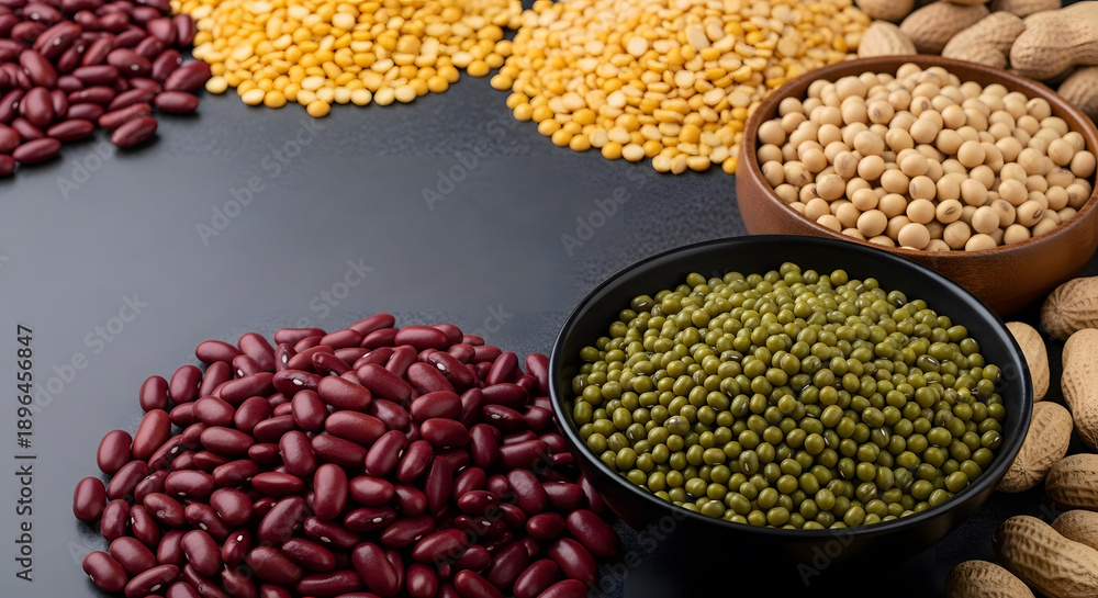Fototapeta premium Assorted legumes and pulses displayed in bowls on a dark surface