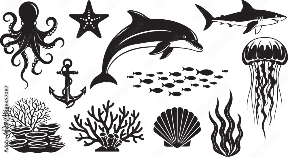 Obraz premium Assortment of Black Silhouettes of Marine Life and Nautical Items octopus starfish