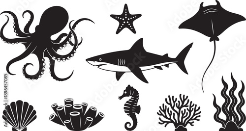 Black and white silhouette icons of marine life and underwater plants