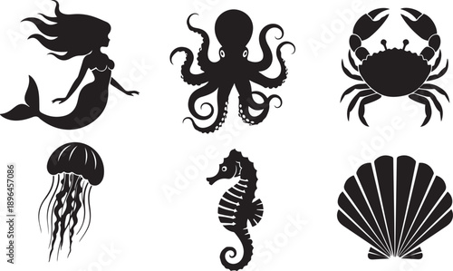 Black Silhouettes of Marine Life and Mermaid on White Background octopus crab