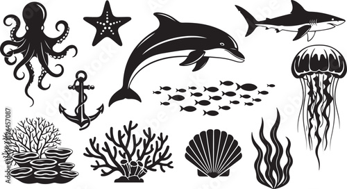 Assortment of Black Silhouettes of Marine Life and Nautical Items octopus starfish