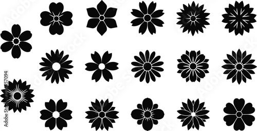 Set of black flower silhouette icons featuring various petal shapes and blossom designs, vector illustration isolated on white.