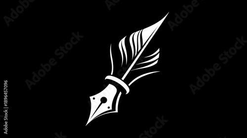 A white feather quill pen in striking detail, set against a stark black background