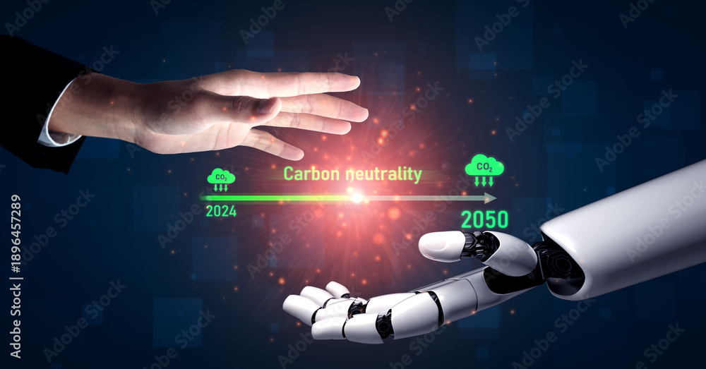 Fototapeta premium AI helps achieve carbon neutrality by tracking carbon, neutrality, and reduction plans across the 2024 to 2050 timeline Vouch