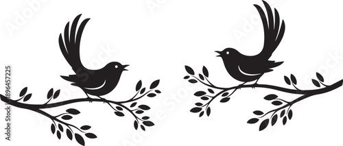 Two black bird silhouettes on branches with leaves facing each other birds tree