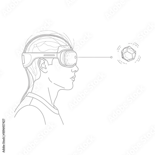 Person wearing virtual reality goggles experiencing immersive digital environment with 3d object
