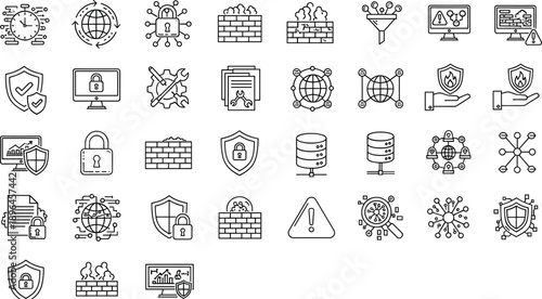 Set of cyber security and data protection line icons including shields, locks, firewalls and networks, vector illustration isolated on white.
