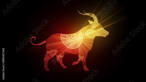 Golden glowing chinese new year ox or bull zodiac animal on black background