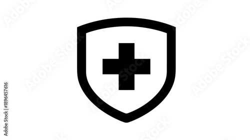 Black shield icon with white background. A centered cross adds protection within the outline