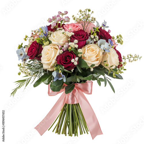 Bright Bouquet of Flowers With Ribbon Placed on a White Background