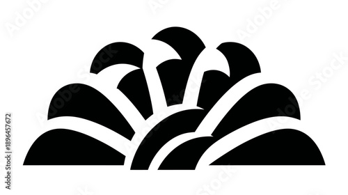 Stylized, symmetrical graphic composed of layered black shapes with white spaces, resembling a plant or decorative pattern