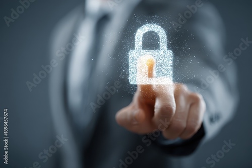 Businessman presenting a cyber security concept with a digital lock symbol in a modern office setting during the day