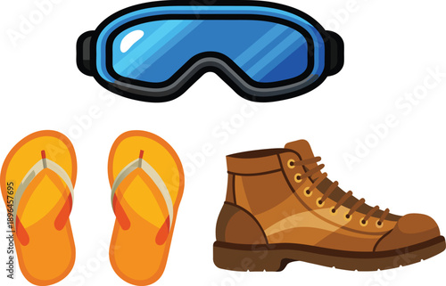 Ski goggles flip flops and hiking boot