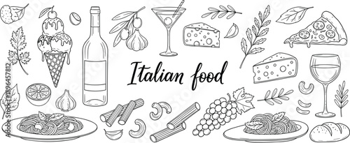 Set of hand drawn Italian food sketches including pizza, pasta, wine, cheese and gelato, vector illustration isolated on white background.