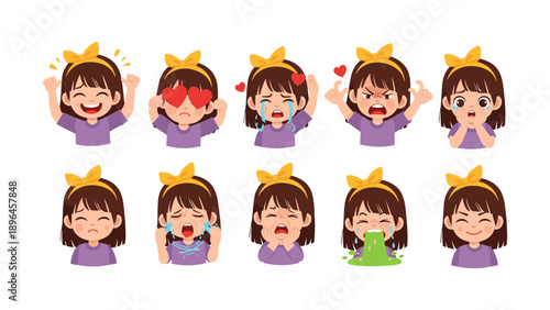 Diverse Cartoon Girl Faces Expressions Set