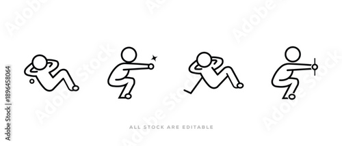 Stick Figure Fitness Icon Set. Outline Workout Icon. Pack Squat, Crunch, Punch Line Art Vector. Vector Illustration 
