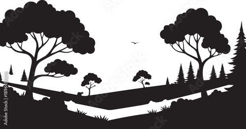 Vector silhouette illustration of park landscape with trees and hills, line art nature scene on background