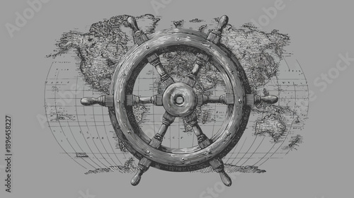 A vintage monochrome image with a detailed ship's wheel superimposed over a sketched world map