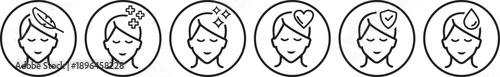 Sensitive skin icon set. Female face symbols for organic cosmetic skin care and dermatology. Sensitive skin icon set in black and white, isolated vector illustration.