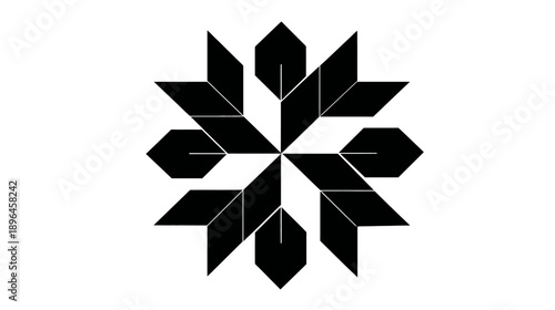 A geometric black and white design featuring interconnected shapes arranged in a symmetrical pattern