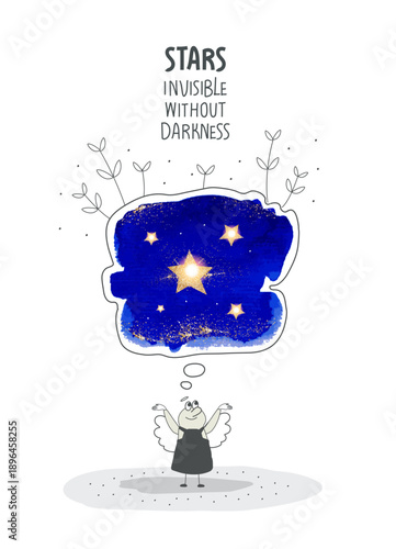 Vector cartoon sketch of AngelIt who shows the light from the stars.The Angels advise: stars are invisible without darknes.	