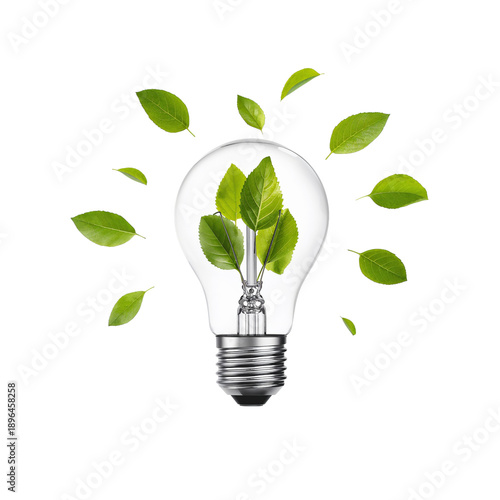 Light Bulb With Green Leaves Showing the Concept of Environmental Sustainabil...