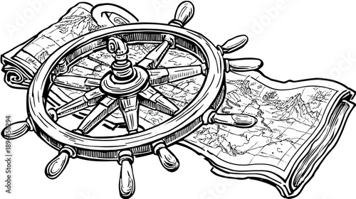 A black and white illustration of a ship's wheel atop two detailed maps