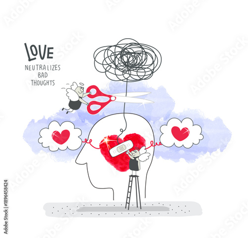 Vector cartoon sketch of Angels who interrupt bad, destructive thoughts, do it with love and red heart is a sign of love. Angel advise by creating a seed of love in actions. Self-Love, Mental Health