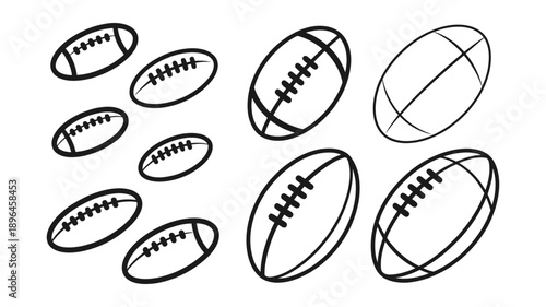 Outline illustrations of various rugby and american football balls for sports themes