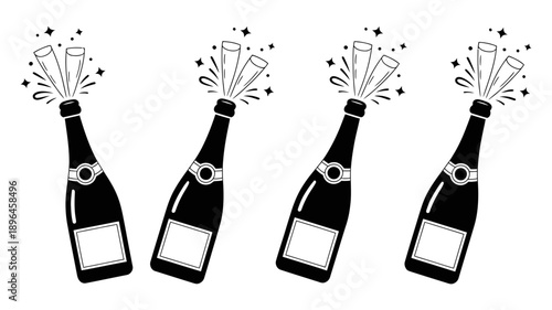 Four celebratory champagne bottles popping with sparkling fun and festive excitement
