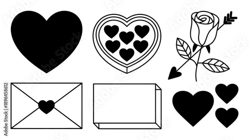 Sweet romantic symbols: a collection of hearts, chocolate box, rose and arrow, and envelopes