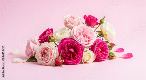 A beautiful bouquet of pink and white roses on a soft pink background