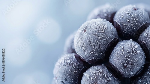 Frozen berries covered in frost crystals create a seasonal display for winter food visuals and healthy nutrition concepts